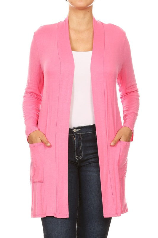 Plus Size Loose Fit Knee Length Duster Cardigan - Open Front, Long Sleeves, Side Pockets