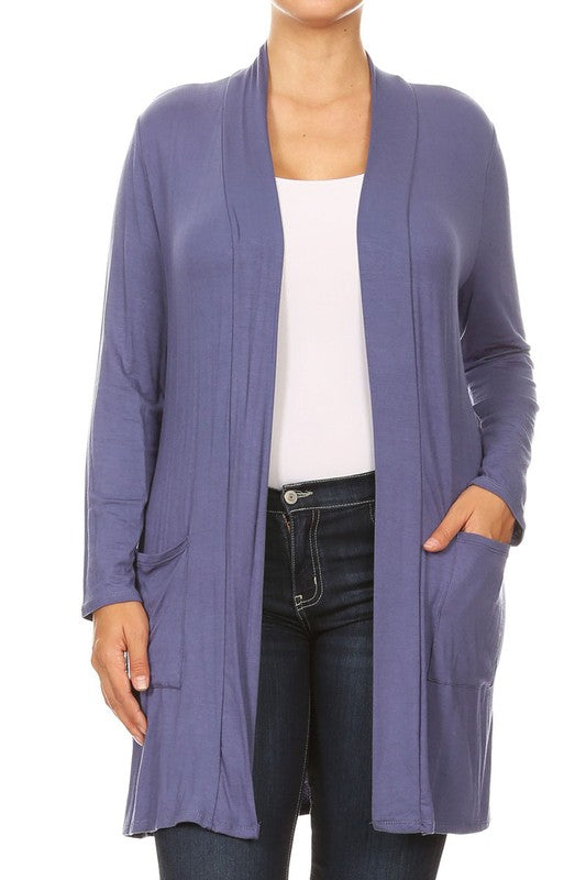 Plus Size Loose Fit Knee Length Duster Cardigan - Open Front, Long Sleeves, Side Pockets