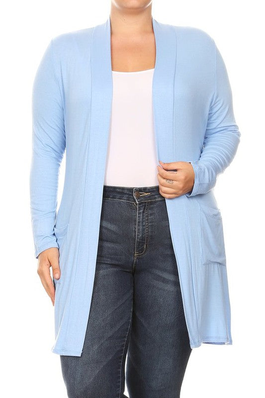 Plus Size Loose Fit Knee Length Duster Cardigan - Open Front, Long Sleeves, Side Pockets