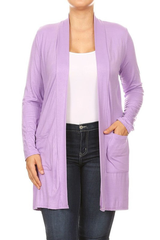 Plus Size Loose Fit Knee Length Duster Cardigan - Open Front, Long Sleeves, Side Pockets
