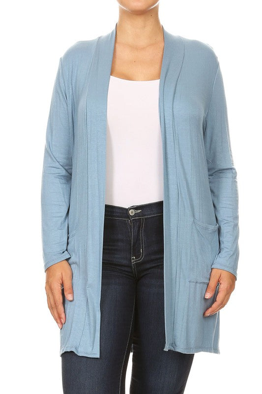 Plus Size Loose Fit Knee Length Duster Cardigan - Open Front, Long Sleeves, Side Pockets