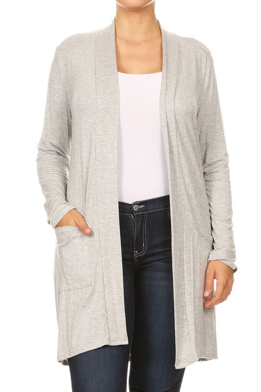 Plus Size Loose Fit Knee Length Duster Cardigan - Open Front, Long Sleeves, Side Pockets