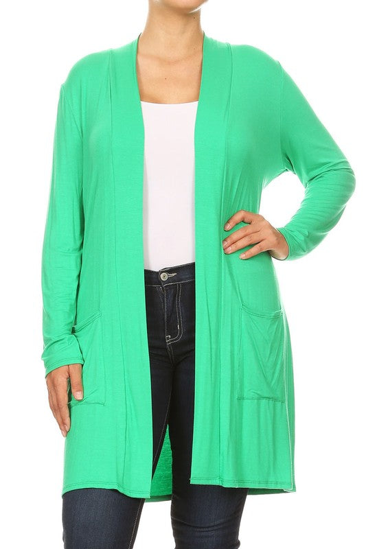 Plus Size Loose Fit Knee Length Duster Cardigan - Open Front, Long Sleeves, Side Pockets