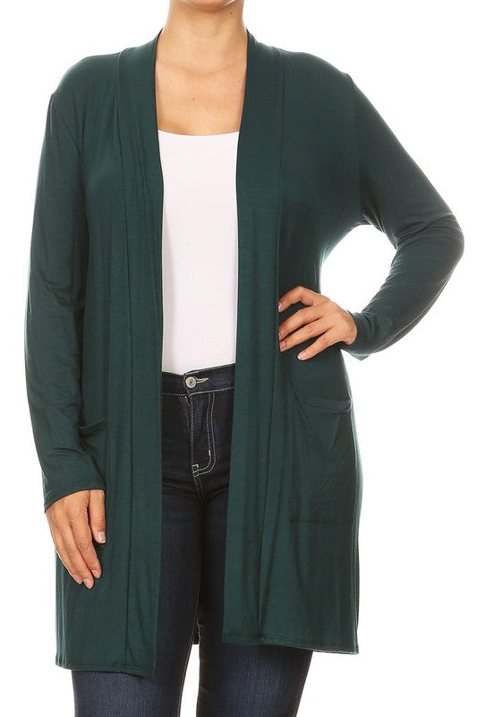 Plus Size Loose Fit Knee Length Duster Cardigan - Open Front, Long Sleeves, Side Pockets