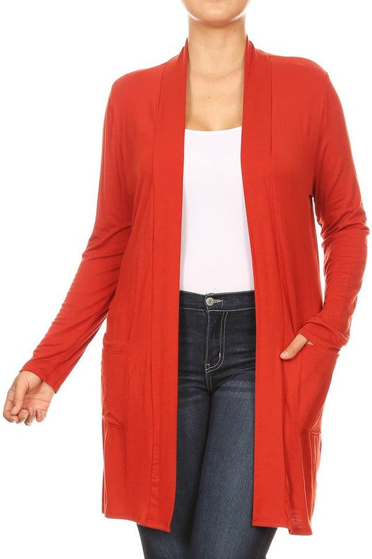 Plus Size Loose Fit Knee Length Duster Cardigan - Open Front, Long Sleeves, Side Pockets