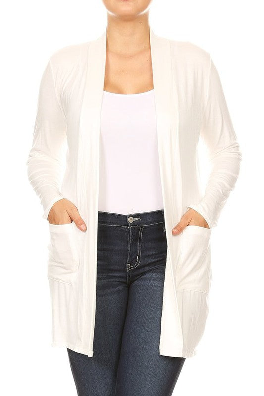 Plus Size Loose Fit Knee Length Duster Cardigan - Open Front, Long Sleeves, Side Pockets