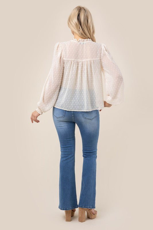 Swiss dot chiffon blouse with ruffled neck