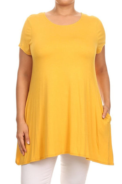 MOA Short Sleeve Tunic Top with Side Pockets - Loose Fit Solid