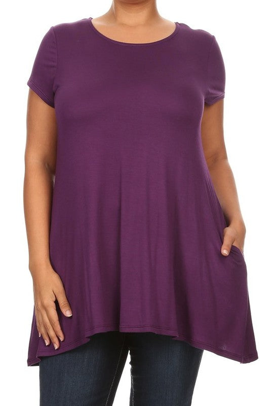 MOA Short Sleeve Tunic Top with Side Pockets - Loose Fit Solid