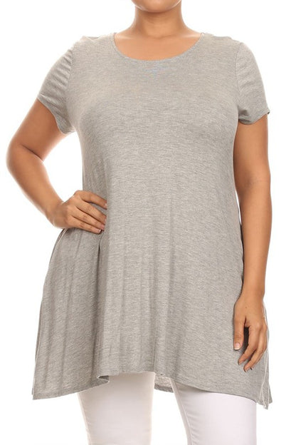 MOA Short Sleeve Tunic Top with Side Pockets - Loose Fit Solid