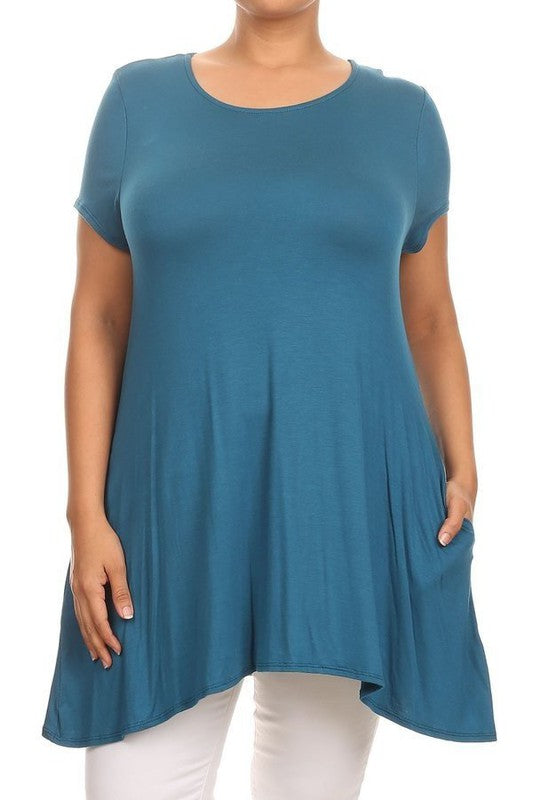 MOA Short Sleeve Tunic Top with Side Pockets - Loose Fit Solid