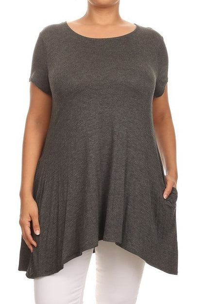 MOA Short Sleeve Tunic Top with Side Pockets - Loose Fit Solid