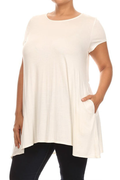 MOA Short Sleeve Tunic Top with Side Pockets - Loose Fit Solid