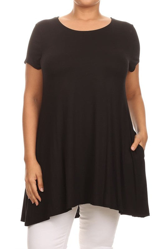 MOA Short Sleeve Tunic Top with Side Pockets - Loose Fit Solid