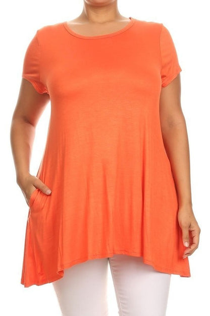 MOA Short Sleeve Tunic Top with Side Pockets - Loose Fit Solid