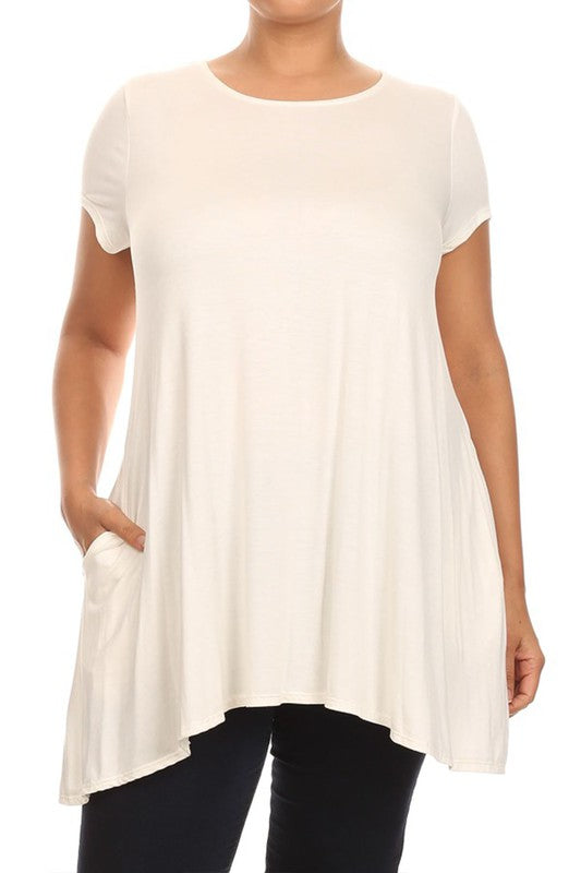 MOA Short Sleeve Tunic Top with Side Pockets - Loose Fit Solid