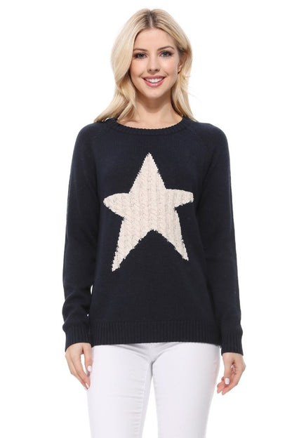 Cute Star Jacquard Round Neck Pullover Sweater