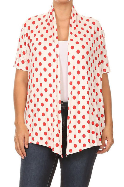 Polka dot Cardigan - Loose Fit, Open Front, Short Sleeves