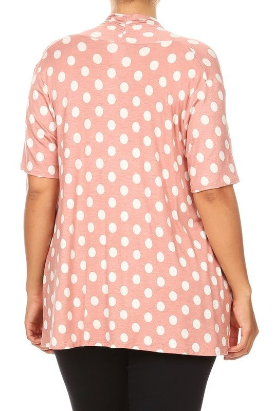 Polka dot Cardigan - Loose Fit, Open Front, Short Sleeves