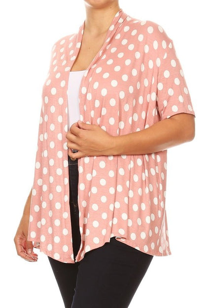 Polka dot Cardigan - Loose Fit, Open Front, Short Sleeves