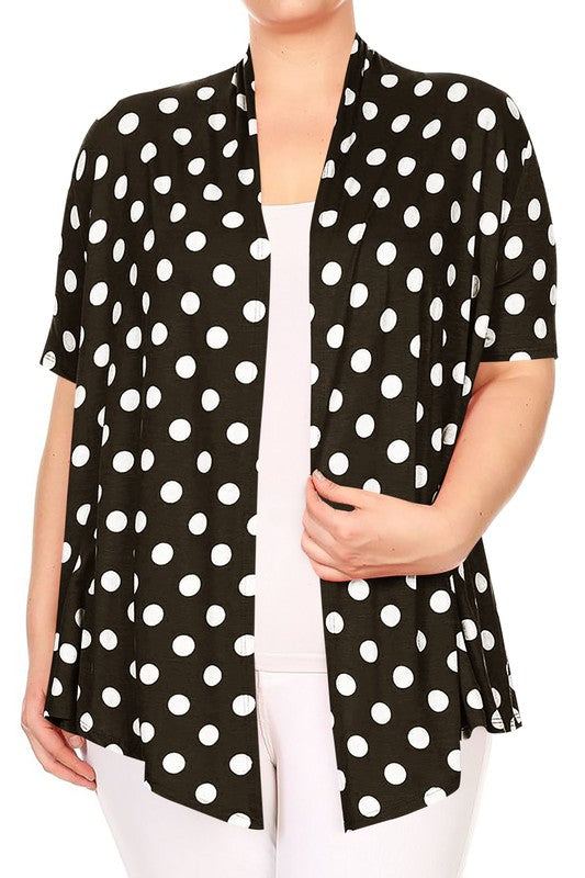 Polka dot Cardigan - Loose Fit, Open Front, Short Sleeves