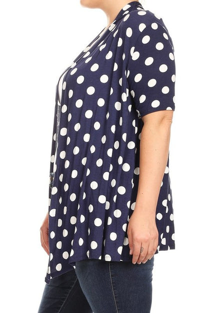 Polka dot Cardigan - Loose Fit, Open Front, Short Sleeves