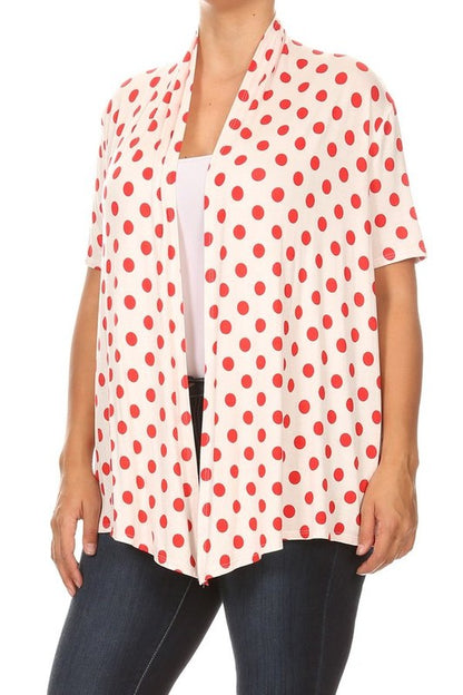 Polka dot Cardigan - Loose Fit, Open Front, Short Sleeves