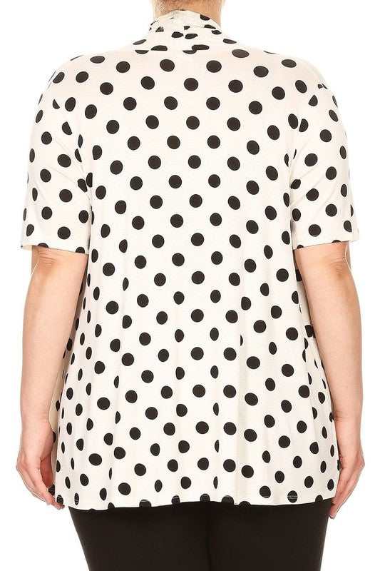 Polka dot Cardigan - Loose Fit, Open Front, Short Sleeves