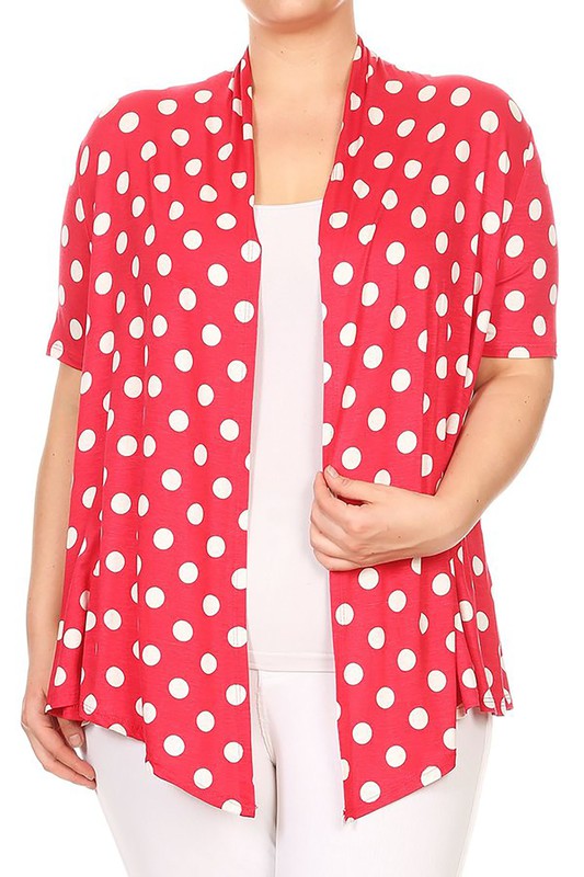 Polka dot Cardigan - Loose Fit, Open Front, Short Sleeves