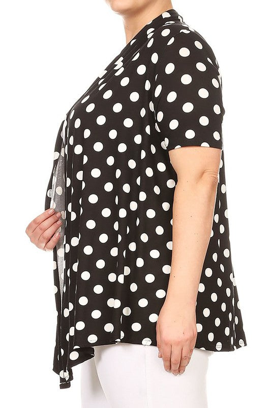 Polka dot Cardigan - Loose Fit, Open Front, Short Sleeves