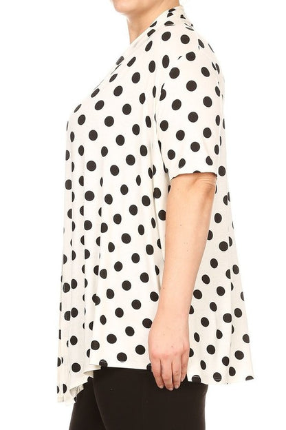 Polka dot Cardigan - Loose Fit, Open Front, Short Sleeves