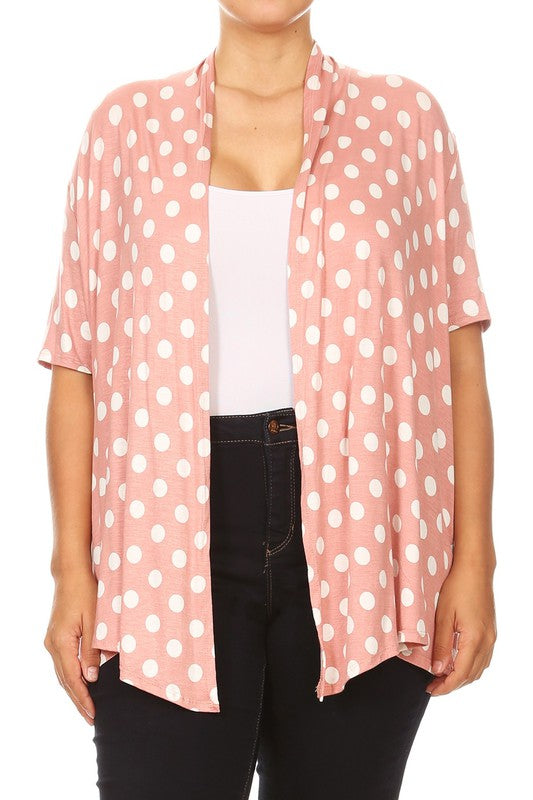 Polka dot Cardigan - Loose Fit, Open Front, Short Sleeves