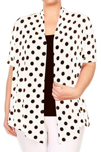 Polka dot Cardigan - Loose Fit, Open Front, Short Sleeves