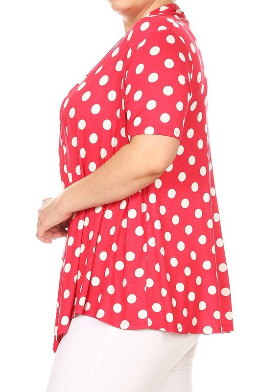 Polka dot Cardigan - Loose Fit, Open Front, Short Sleeves