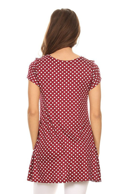 Polka Dot Tee - Relaxed Fit, Short Sleeve, Round Neck, Pocket Detailing