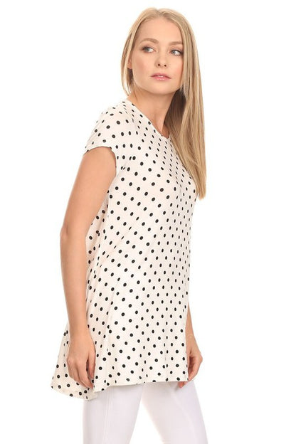 Polka Dot Tee - Relaxed Fit, Short Sleeve, Round Neck, Pocket Detailing