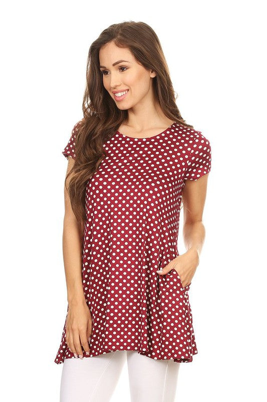 Polka Dot Tee - Relaxed Fit, Short Sleeve, Round Neck, Pocket Detailing