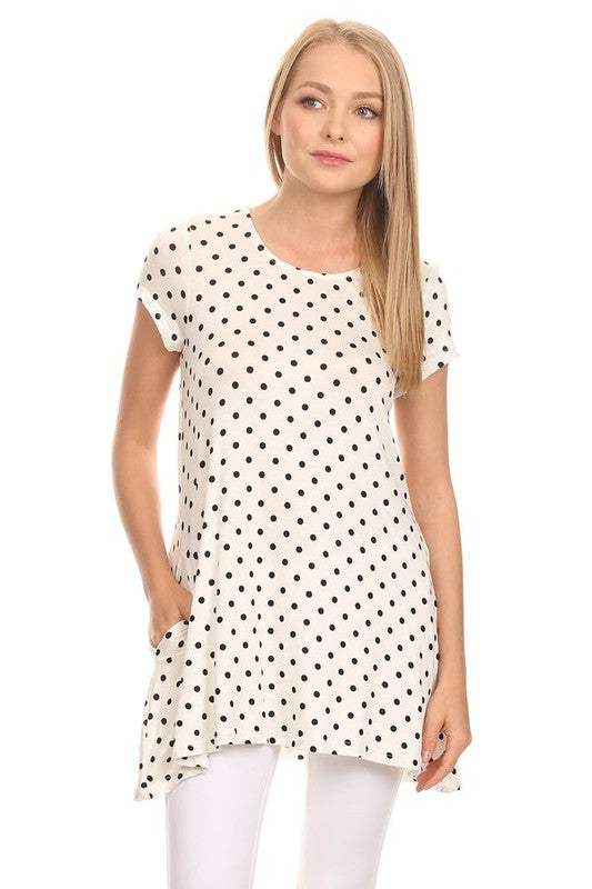 Polka Dot Tee - Relaxed Fit, Short Sleeve, Round Neck, Pocket Detailing