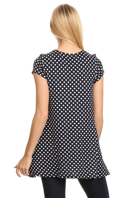 Polka Dot Tee - Relaxed Fit, Short Sleeve, Round Neck, Pocket Detailing