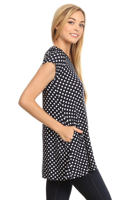 Polka Dot Tee - Relaxed Fit, Short Sleeve, Round Neck, Pocket Detailing