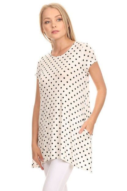 Polka Dot Tee - Relaxed Fit, Short Sleeve, Round Neck, Pocket Detailing