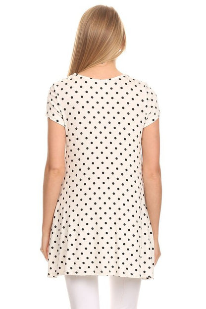 Polka Dot Tee - Relaxed Fit, Short Sleeve, Round Neck, Pocket Detailing