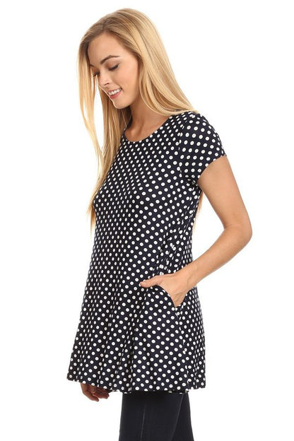 Polka Dot Tee - Relaxed Fit, Short Sleeve, Round Neck, Pocket Detailing