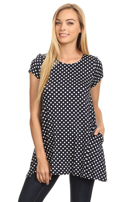 Polka Dot Tee - Relaxed Fit, Short Sleeve, Round Neck, Pocket Detailing