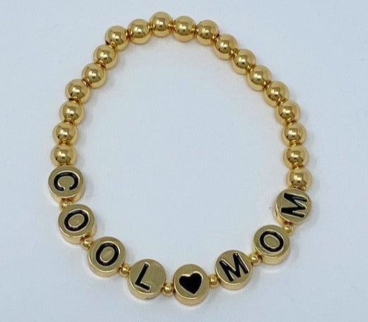 Gold Bead Bracelet for Cool Moms: Stretch Bracelet with Black Letter Beads for Mother's Day