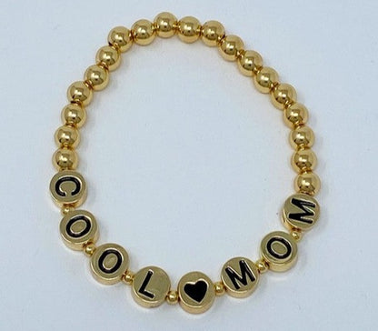 Gold Bead Bracelet for Cool Moms: Stretch Bracelet with Black Letter Beads for Mother's Day