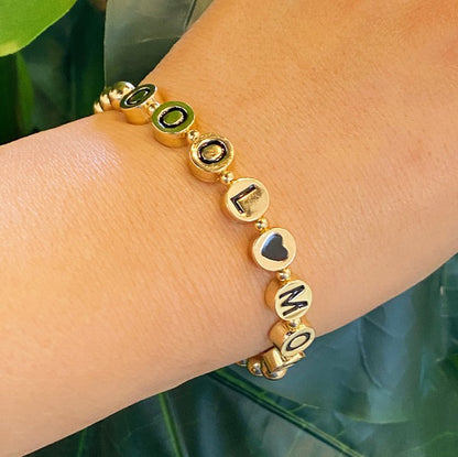 Gold Bead Bracelet for Cool Moms: Stretch Bracelet with Black Letter Beads for Mother's Day