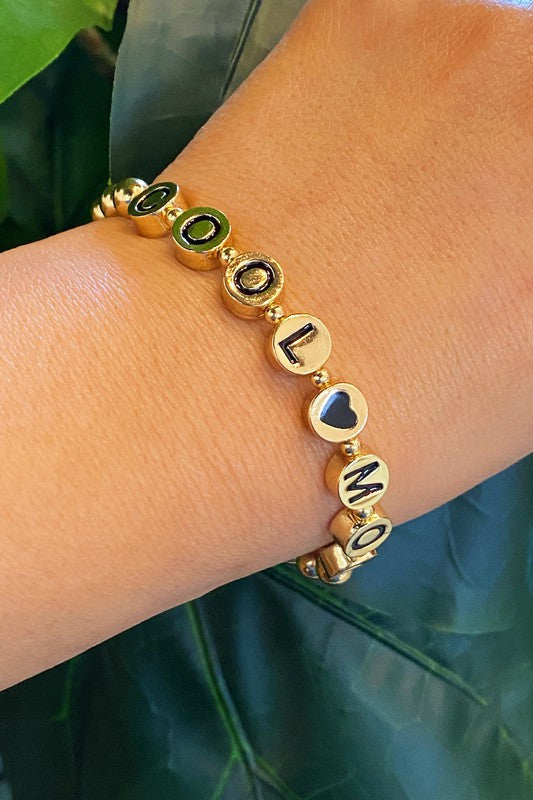 Gold Bead Bracelet for Cool Moms: Stretch Bracelet with Black Letter Beads for Mother's Day