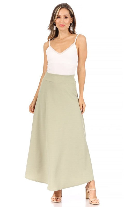 Solid High Waisted A-Line Midi Skirt - Elegant and Comfortable with Elastic Waist