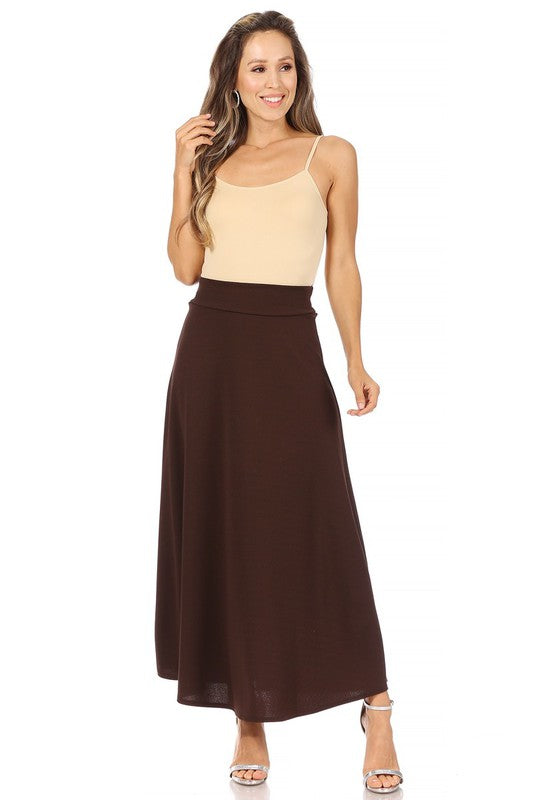 Solid High Waisted A-Line Midi Skirt - Elegant and Comfortable with Elastic Waist